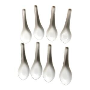 Asian Multi Purpose White Flat Bottom Soup Spoons, Set of Eight, White